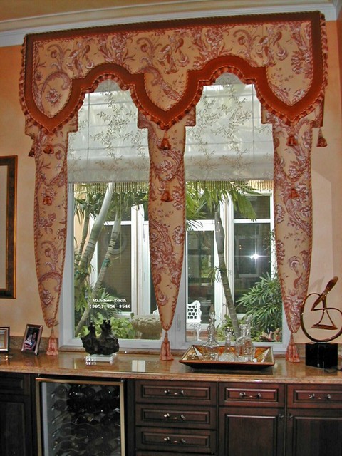 Upholstered Lambrequins over Roman Shades