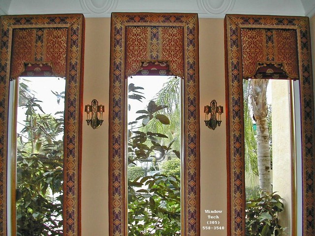 Upholstered Lambrequins w motorized Roman Shades open
